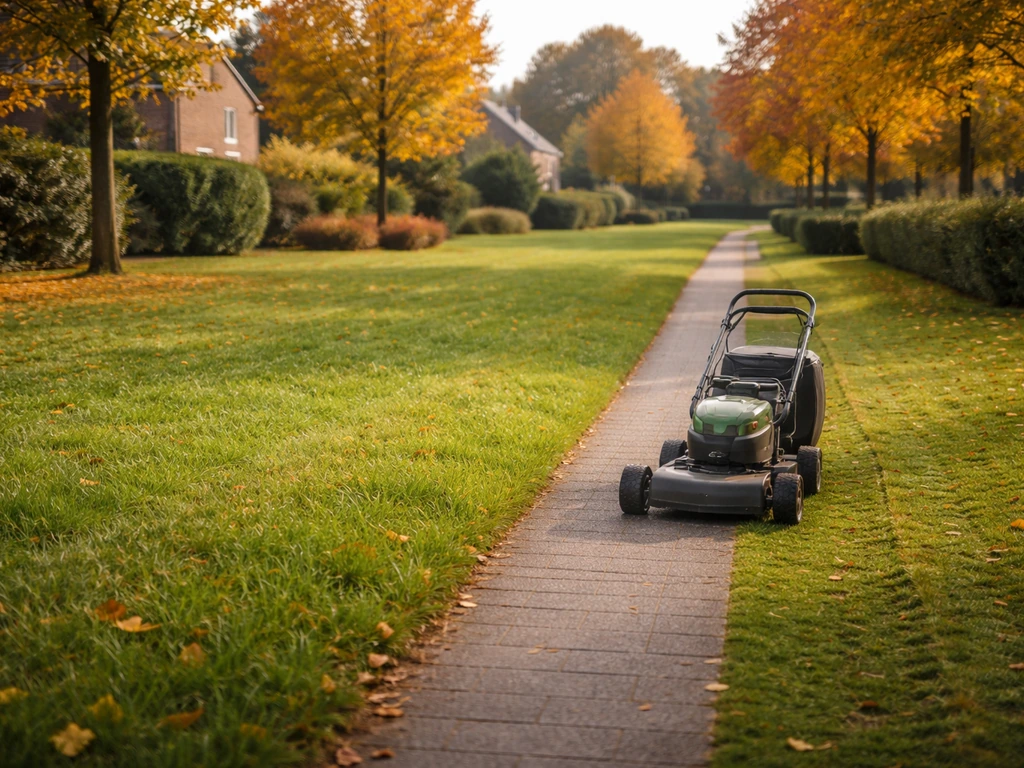 Herfsts gazon in Nederland met maaimachine langs een pad, passend bij wanneer stoppen met gazon maaien.
