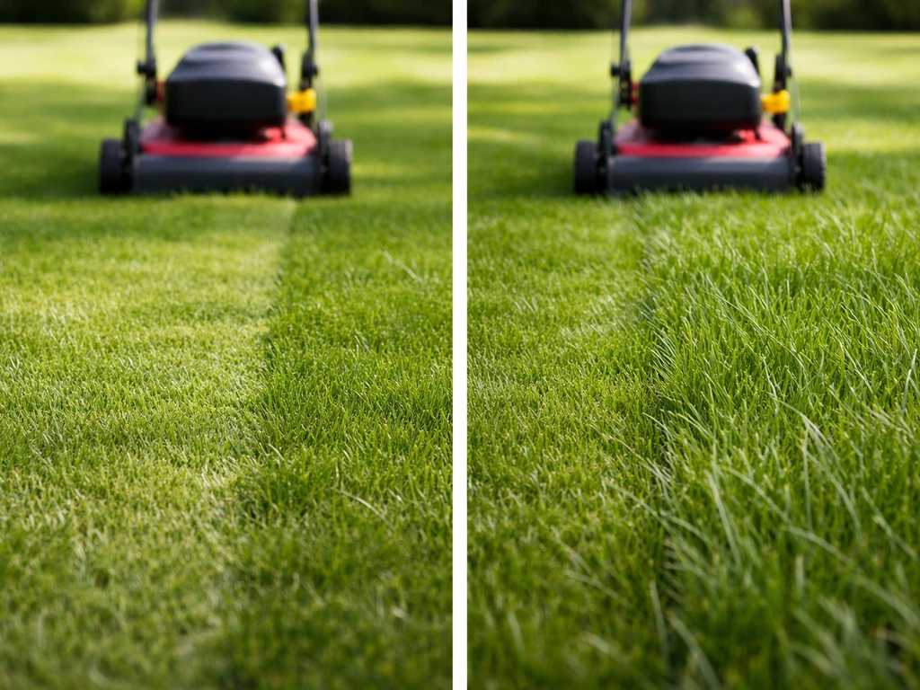 Twee zij-aanzichten van een gazon: links korter, rechts iets hoger gemaaid, met zichtbare maaihoogte-instelling.