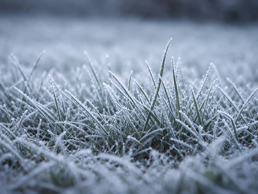 Grauw wintergazon met rijp op de grassprieten, lichte vorst en geen maaien zichtbaar.