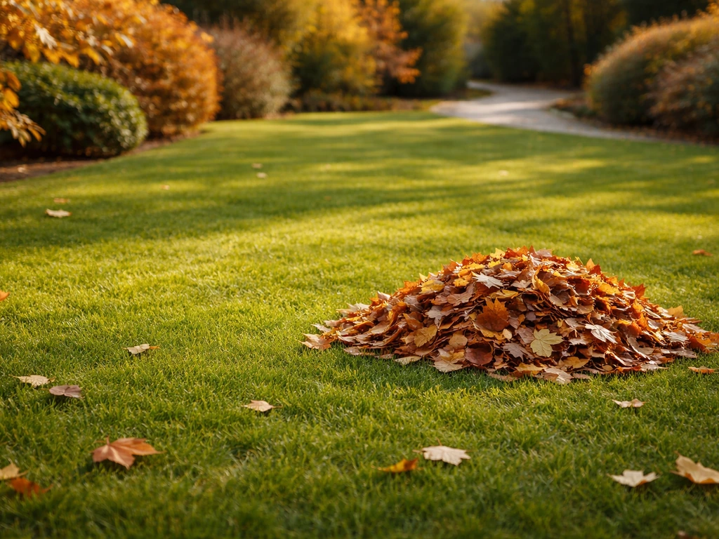 Verzorgd Nederlands gazon in het najaar, herfstbladeren worden opgeruimd voor een winterklaar uitstraling.
