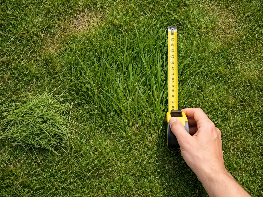 Bovenaanzicht van een gazon met meetlint en grasresten; hand controleert of het gras boven 6 cm is.