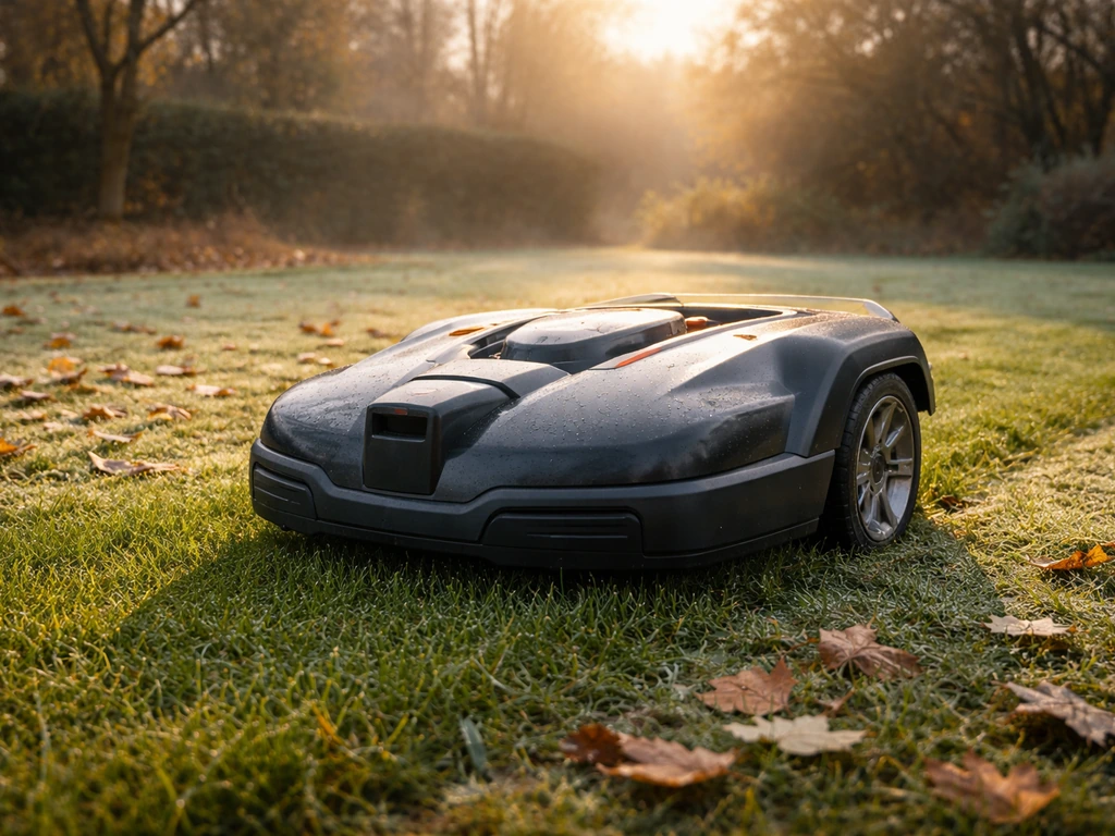 Robotmaaier rijdt in november over een gazon met frisse, winterse tuin op de achtergrond.