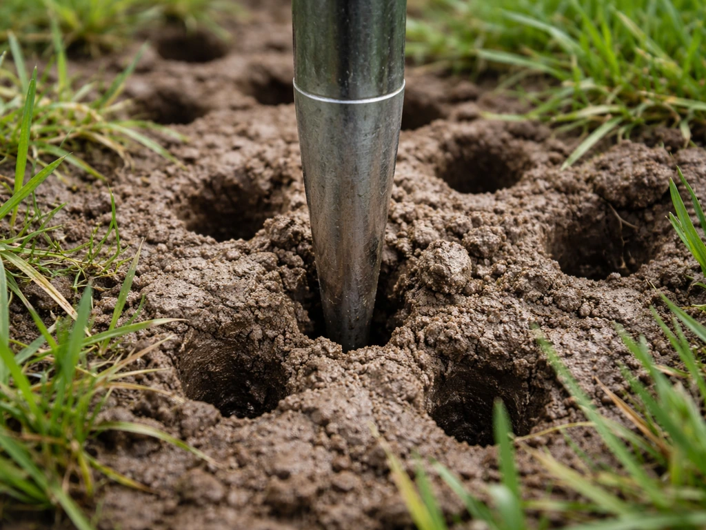 Close-up van een gazonbeluchtingsactie met gaten in compacte kleigrond, aarde los en opengeprikt.