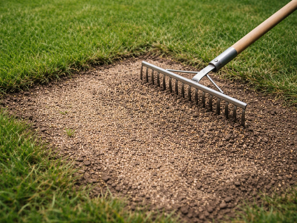 Grafhark die graszaad en mengsel zand/potgrond in een opengewerkte kale plek verwerkt, naast bestaand gazon.