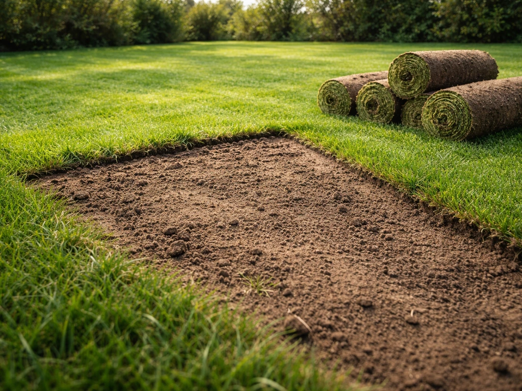 Nederlands gazon met een kaalgeslagen plek, met voorbereide grond en klaar liggende graszoden op de rand.