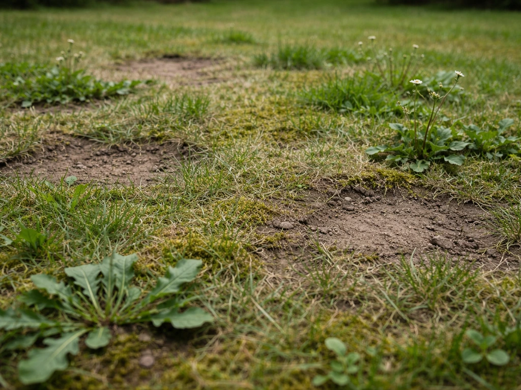 Close-up van een gazon met kale plekken, mos en terugkerend onkruid tussen het gras