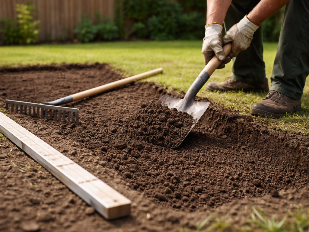 Tuinier graaft en egaliseert een toekomstige gazonplek met spade, hark en meetlat op de grond
