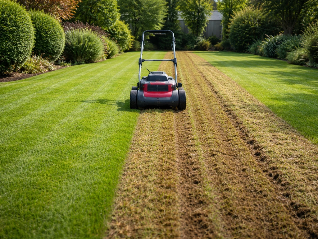 Net gemaaid gazon met verticuteermachine die de grasmat bewerkt, daarna een smalle mest/doorzaai-strook op de achtergron