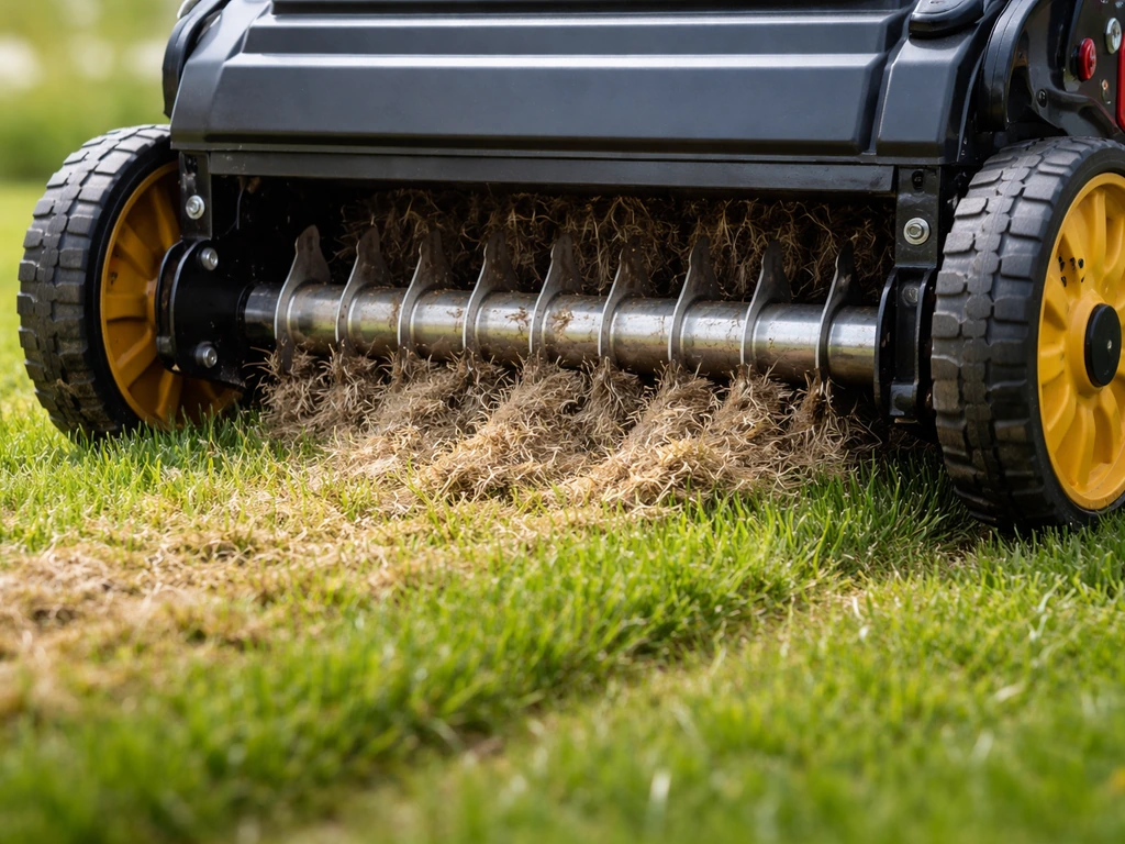 Close-up van een verticuteermachine die net de viltlaag raakt; losse viltvezels komen los van het gras.