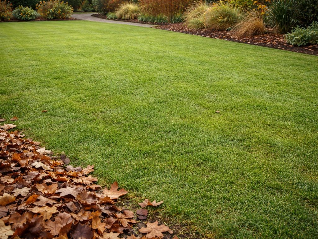 Winterklaar gazon met korte egale grasmat, opgehaald blad en een zichtbare overgang naar herfst/winter.