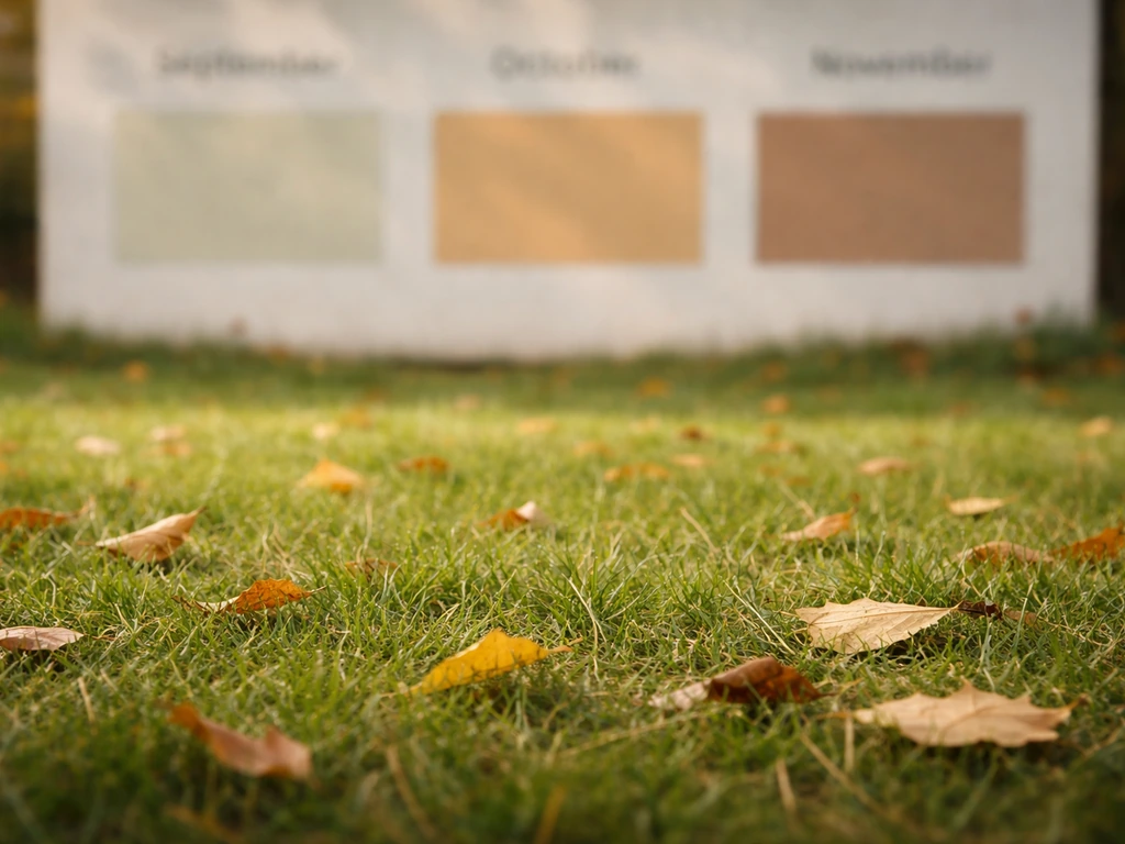 Zonnig gazon met herfstbladeren en een simpele maandkalender op de achtergrond, september–november