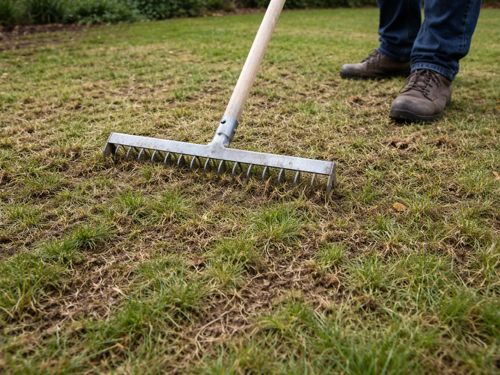 Handmatige verticuteerhark die het gazon openhaalt en laat luchten in de herfsttuin.
