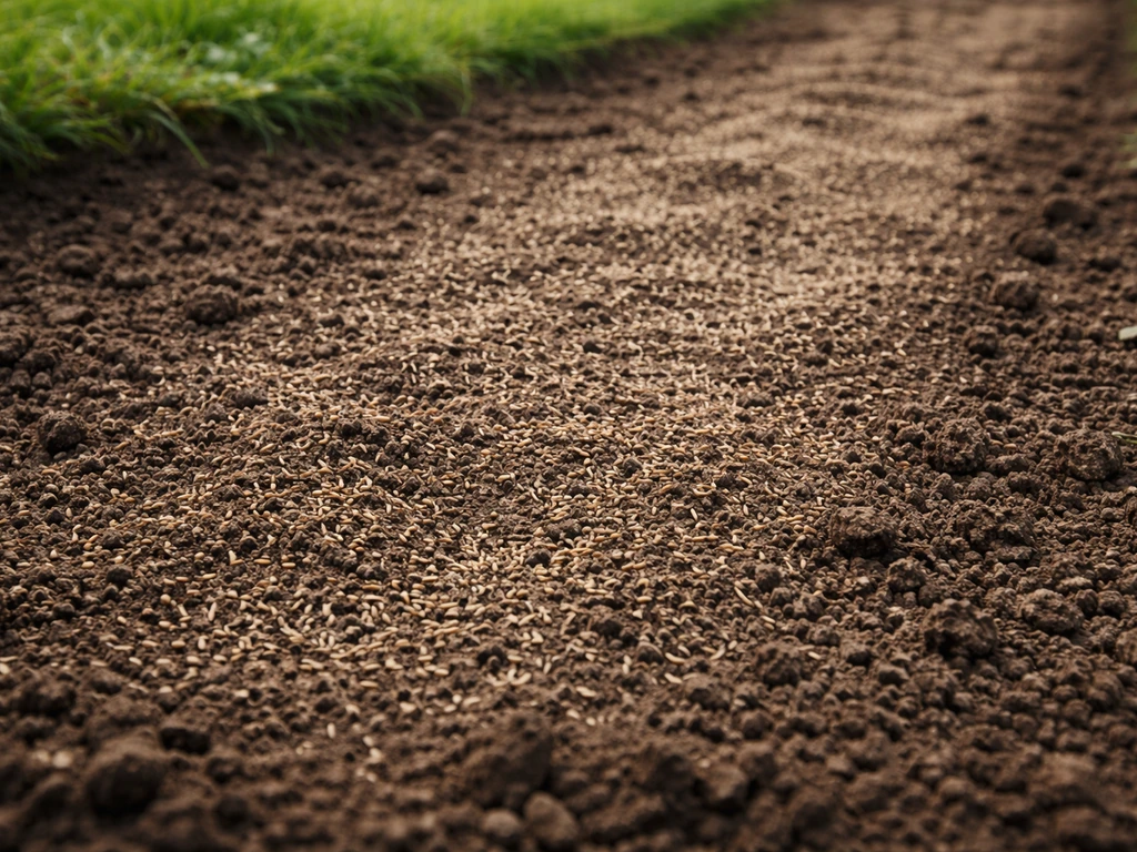 Losgewoelde grond op een kale strook met ingezaaid graszaad, klaar om aan te drukken en af te dekken.