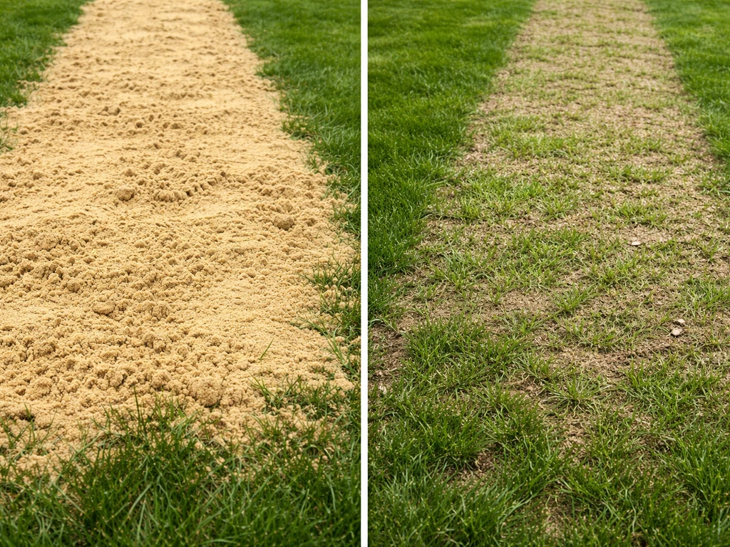 Twee grasstroken: links te dikke zandlaag, rechts netjes hersteld op droge ondergrond.