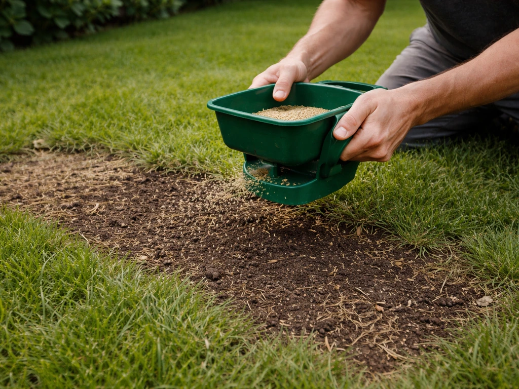 Handen bij een grasveld dat wordt bijgezaaid, met zaad verspreid over kale uitgeharkte plekken.