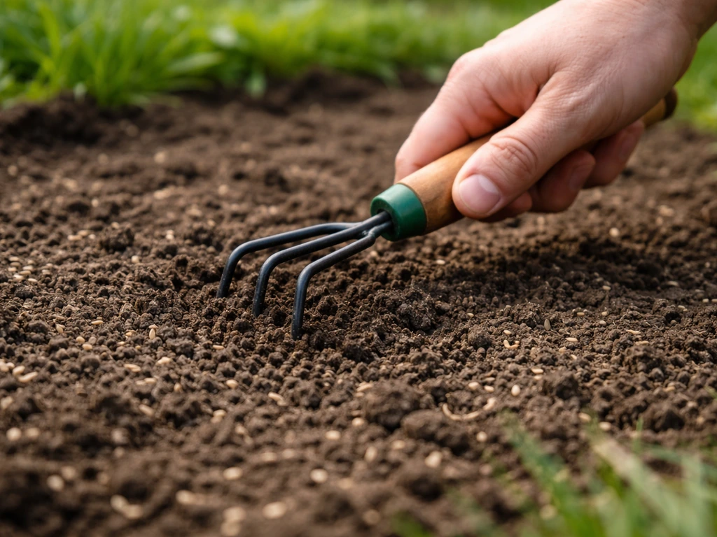 Hand met hark maakt kale grond oppervlakkig los en graszaad wordt gelijkmatig uitgestrooid.