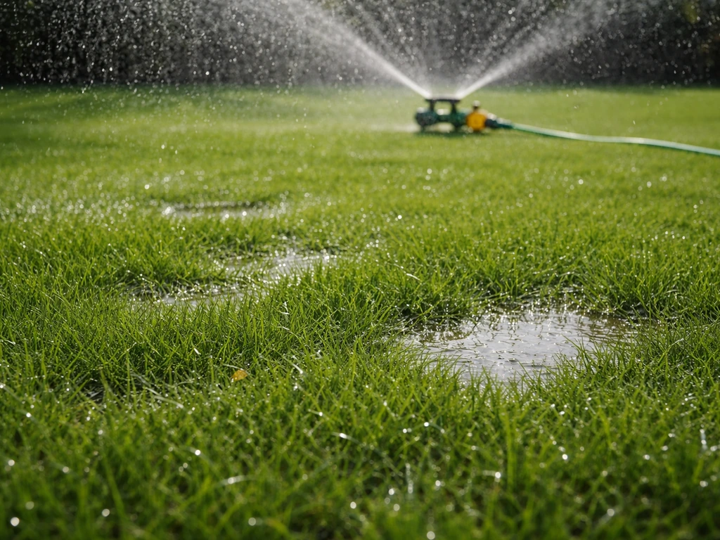 Bovenaanzicht van nat gazon met zichtbare beregeningsdruppels en een tuinsproeier in de Nederlandse tuin