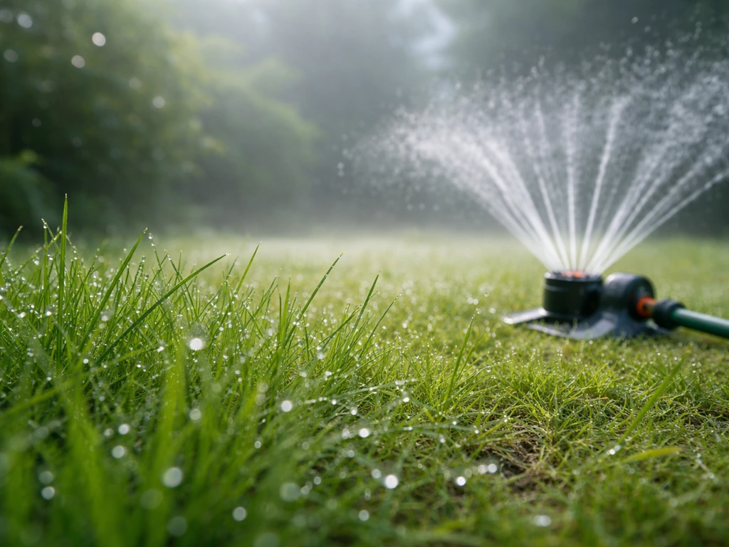 Dauw op gras naast een net gestarte sproeier, met zichtbare waterdruppels in een frisse ochtendtuin.