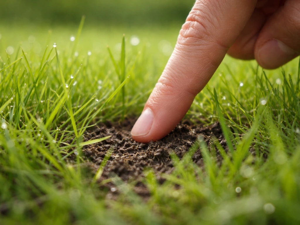 Frisgroen gras in maart/april met een hand die de bodem test door even met een vinger in de grasmat te steken.