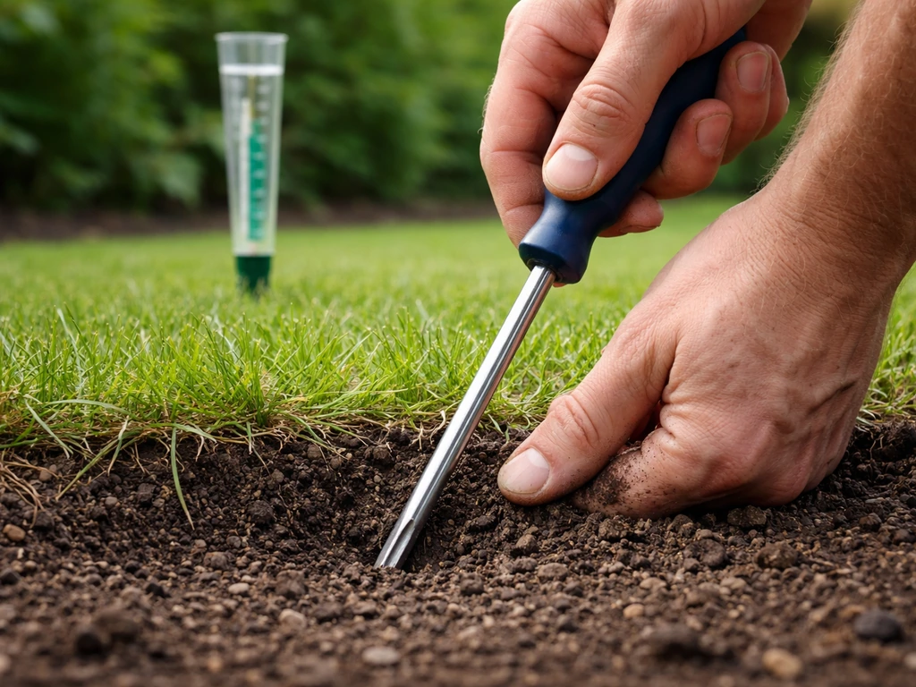 Tuinhande schroevendraaiertest in droge grond bij het gazon en een regenmeter naast de tuin