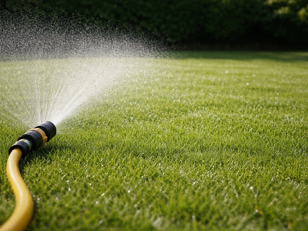 Sproeier die direct na het strooien het gazon besproeit, zichtbare waterfilm op groen gras.