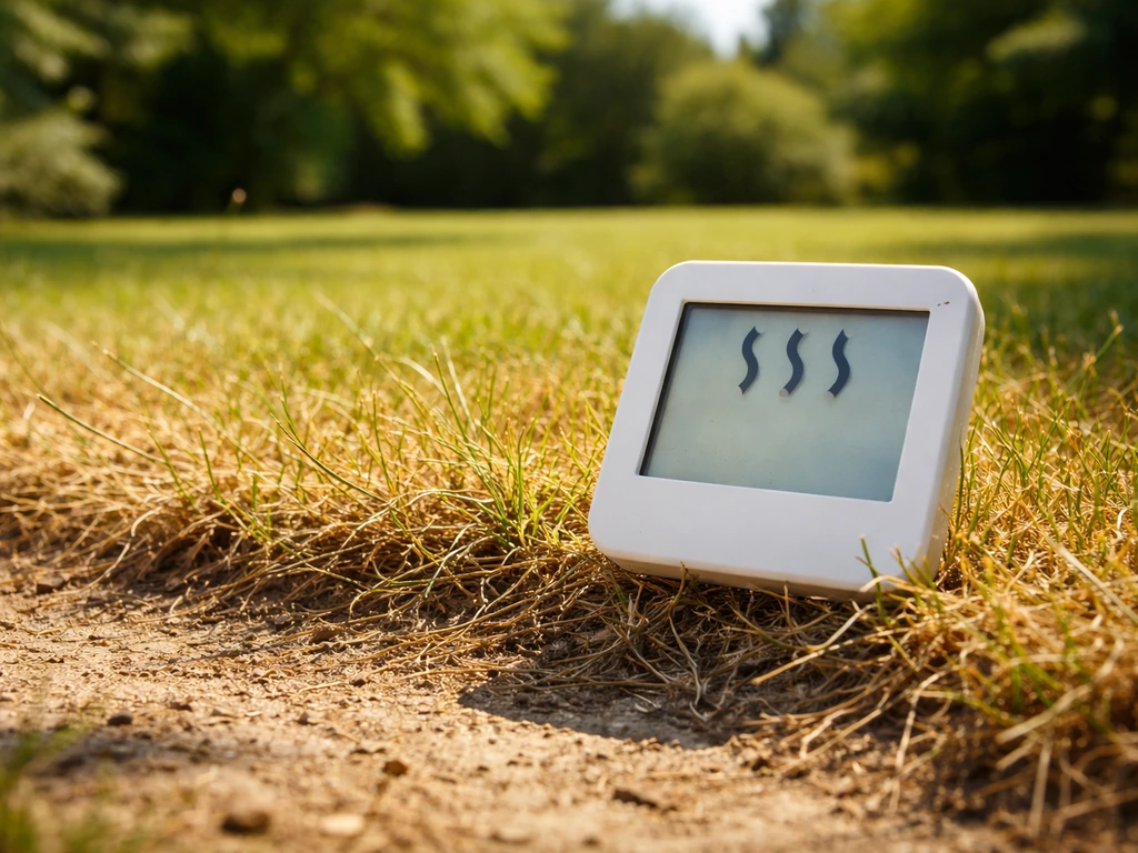 Hete zonnige dag: thermometer/zonwarmte-indicatie naast een droog gazon, mesten lijkt beter uit te stellen.