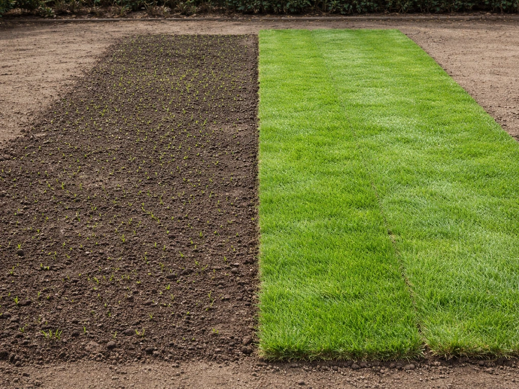 Links ingezaaid gras met aarde, rechts dicht gelegde rolzoden—duidelijk verschil bij aanleg nieuw gazon.