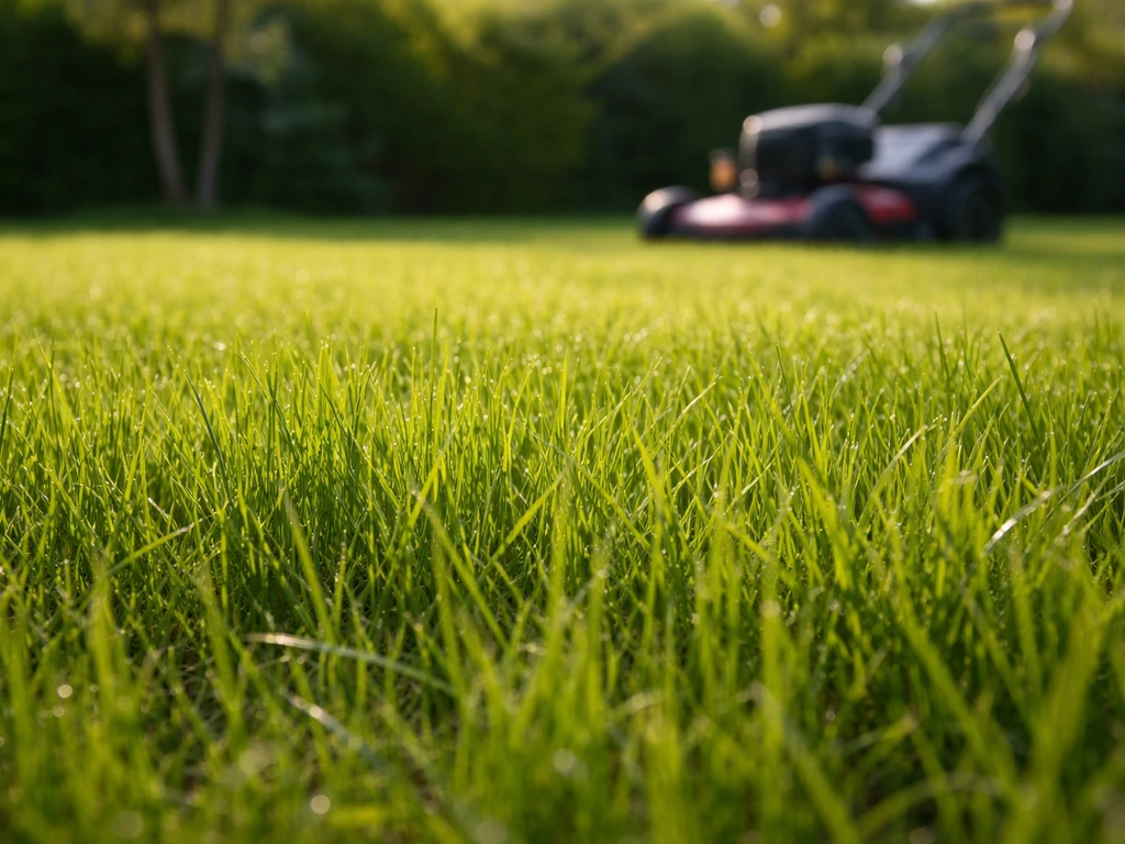 Jong gazon van 8–10 cm met gras centraal en een maaier op afstand, klaar maar nog niet gemaaid.