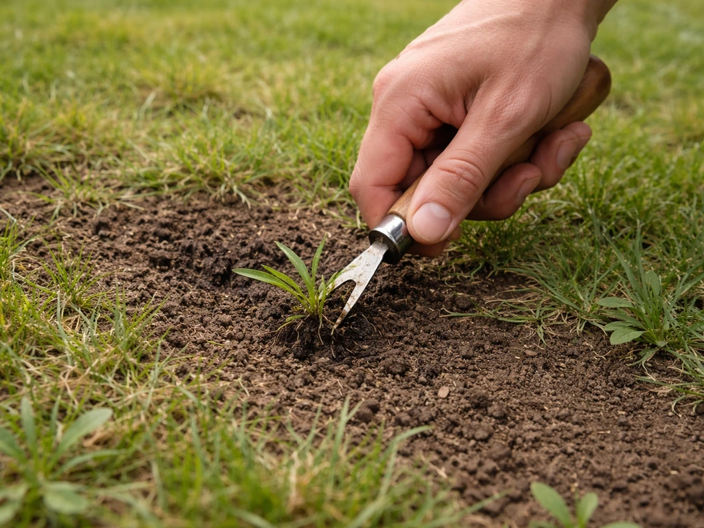 Hand die onkruid uit een nieuw gazon steekt; kale plekken met kort gras en losse aarde op de achtergrond.