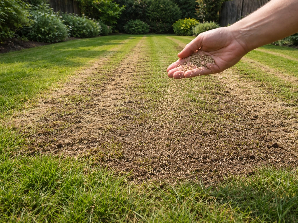 Vers verticuteerd gazon met open grond en vers graszaad dat wordt ingezaaid in een rustige tuin.