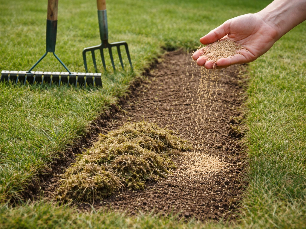 Hand strooit graszaad op een verticuteerde strook met uitgeharkt mos en vilt in de tuin.