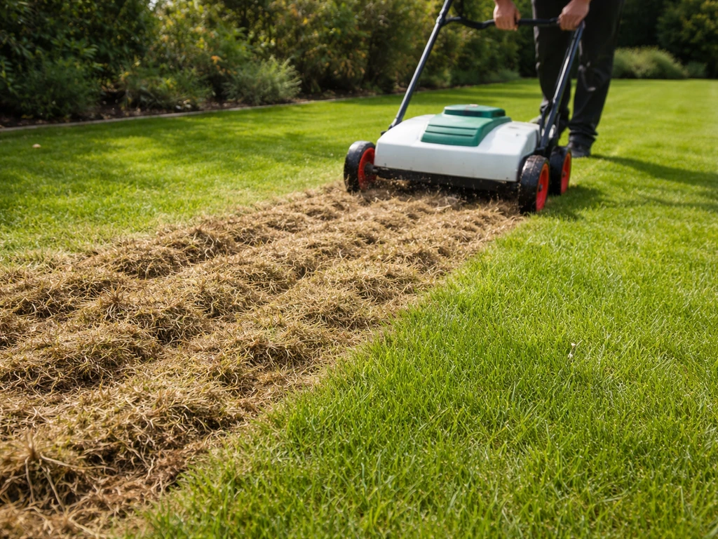 Ondiep verticuteren in een gazon met zichtbaar vilt en kortgemaaid gras ernaast.