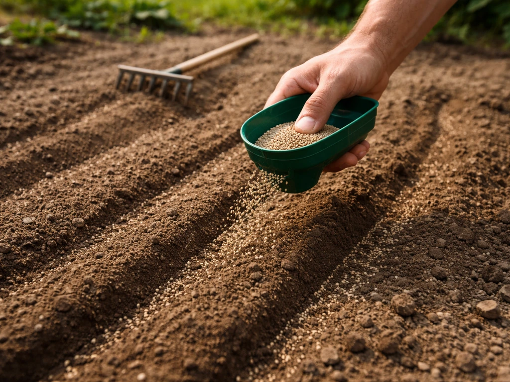 Hand strooit tuinzaden in banen en een hark werkt ze licht in de grond