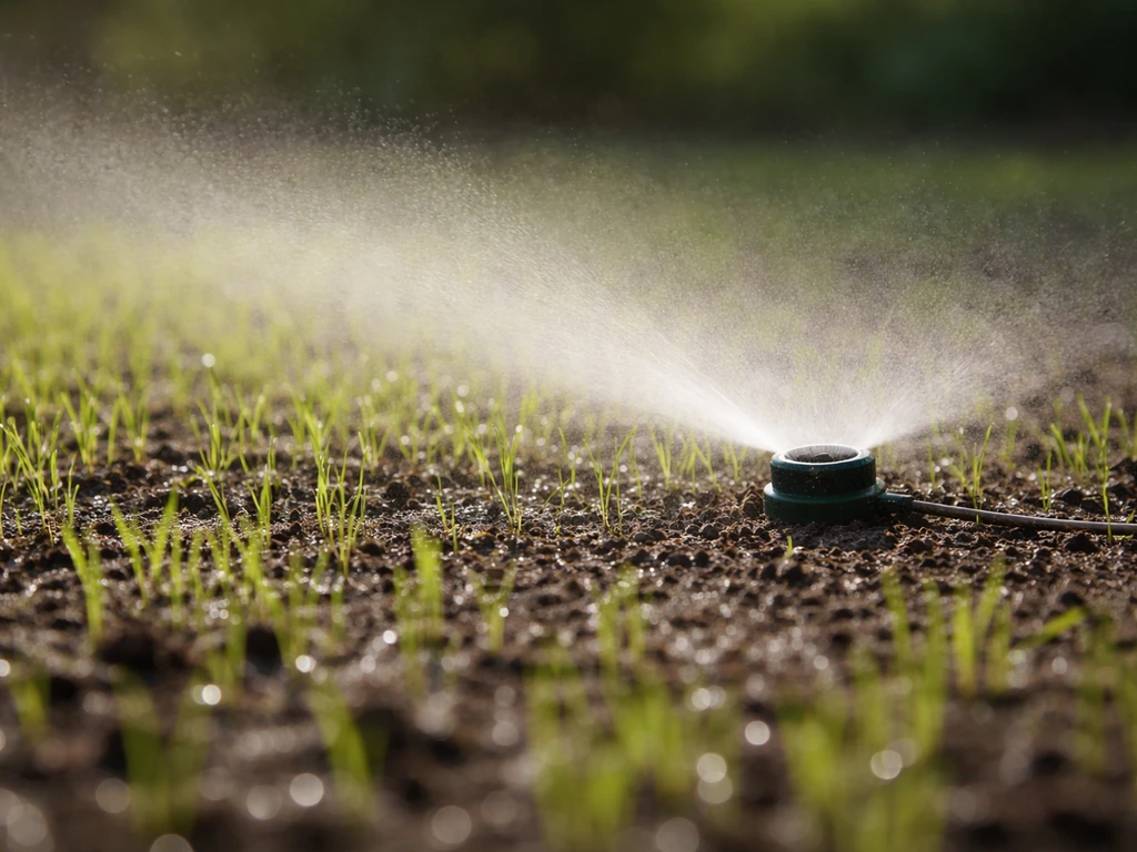 Fijne sproeier die zacht mistend graszaadbed gelijkmatig vochtig maakt bij de eerste nazorg
