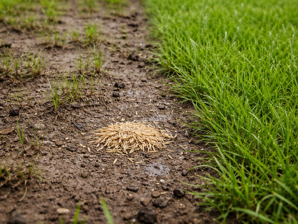 Close-up van gras met ongelijk opkomende plekken, tegenover een gezonde, groene opkomst en nat weggespoeld graszaad.