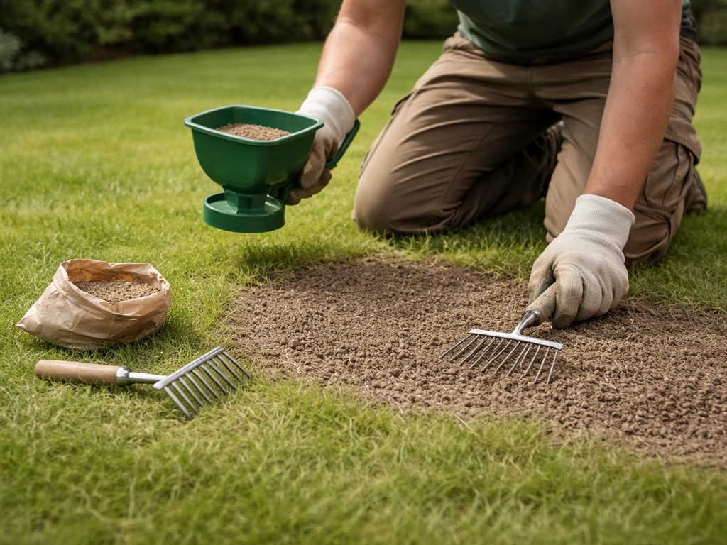 Tuinier in grasgebied die met handschoenen graszaad strooit en ingezaaide plek licht afwerkt met een hark.