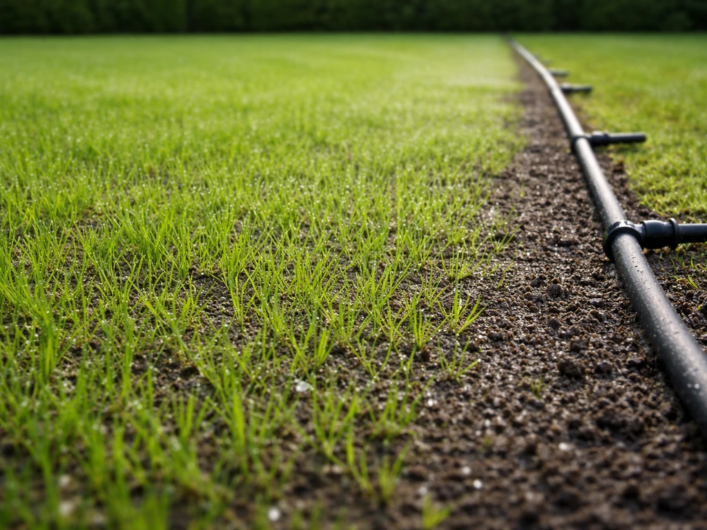Vers bijgezaaid gazon met glanzende vochtige toplaag, beregeningsslang bij een plek waar later gemaaid wordt.