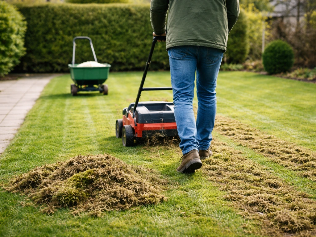 Anonieme tuinier verticuteert een gazon; los vilt/mos komt omhoog, met kalkstrooier op de achtergrond.