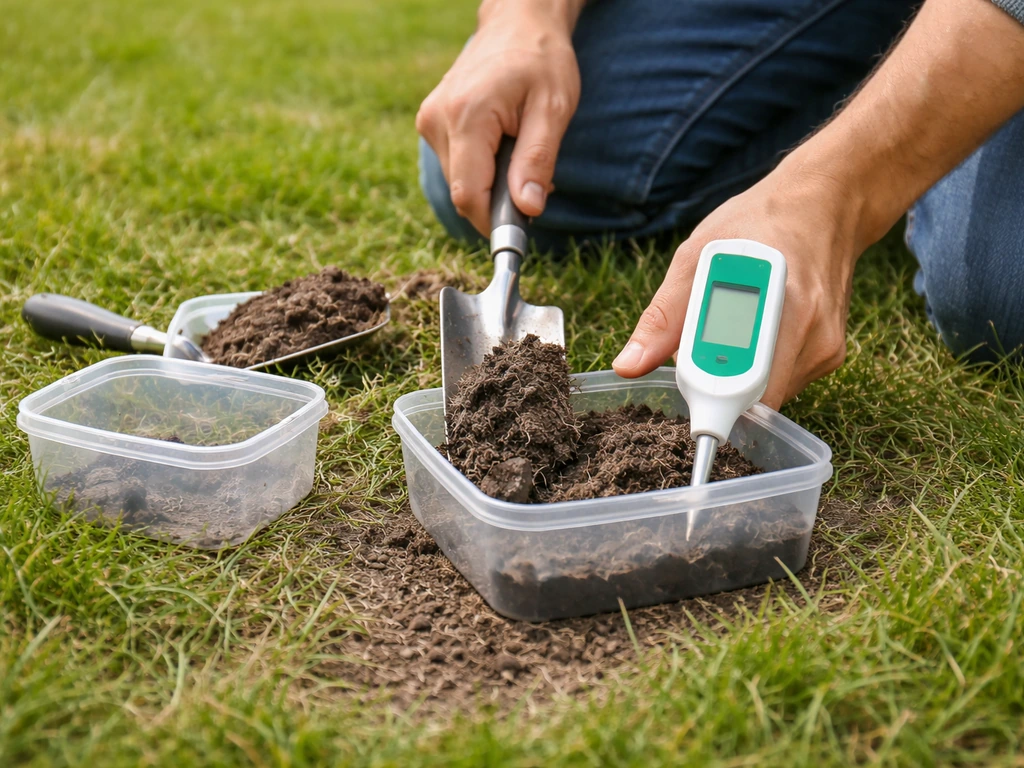 Iemand schept een bodemmonster uit het gazon en meet de pH met een digitale meter in een bakje