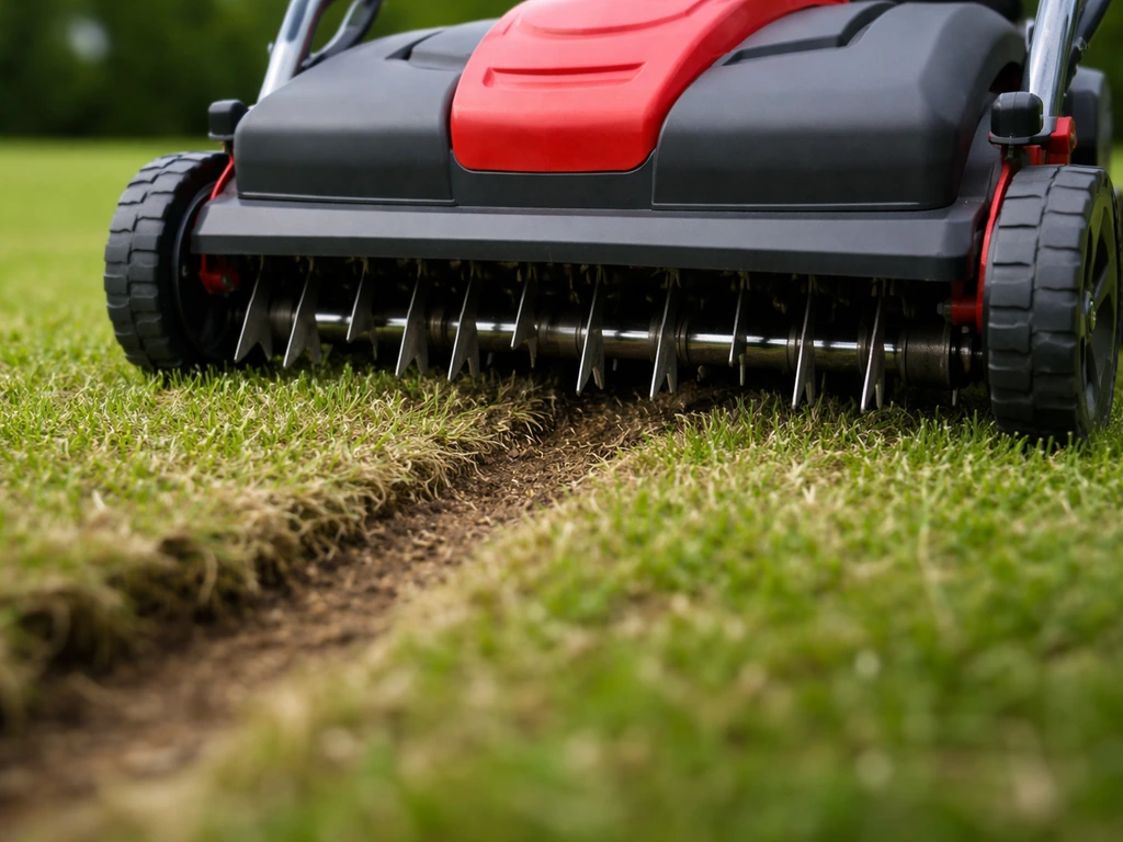 Close-up van verticuteermessen die net de grond raken en een gecontroleerde snede maken.