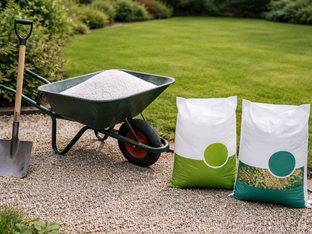 Twee soorten kalk voor het gazon in een lichte tuinsetting: tuinkalk en koolzure dolomietkalk in zakken/kruiwagen.