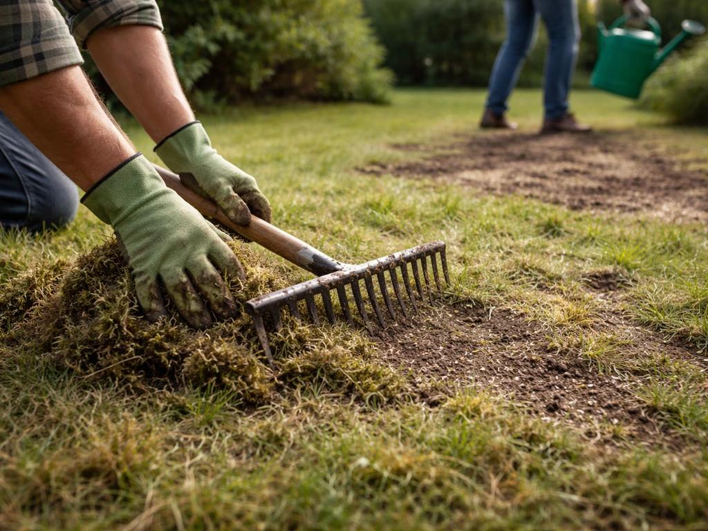 Tuinier harkt los vilt en mos weg; op de achtergrond worden kale plekken ingezaaid en bewaterd.