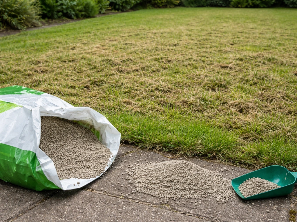 Verticuteerbaar Nederlands gazon met zichtbare vilt-/mosresten en een open mestzak in de buurt
