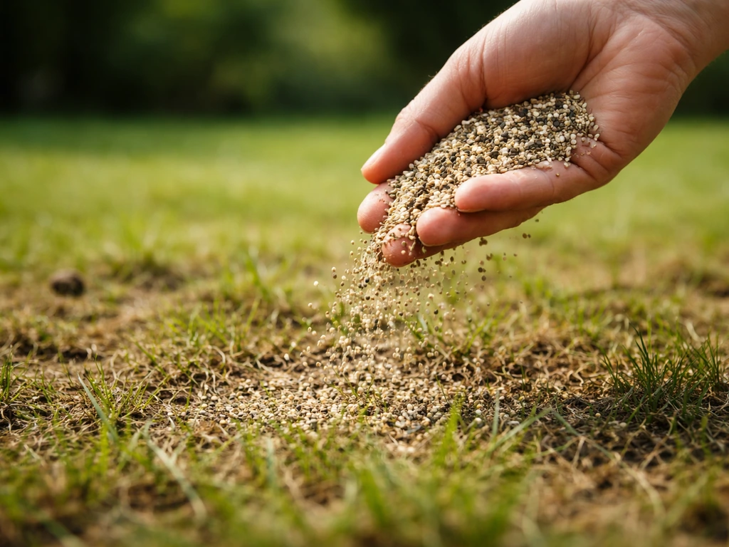 Handvol korrels van een 3-in-1 verticuteermix die over het gazon worden gestrooid