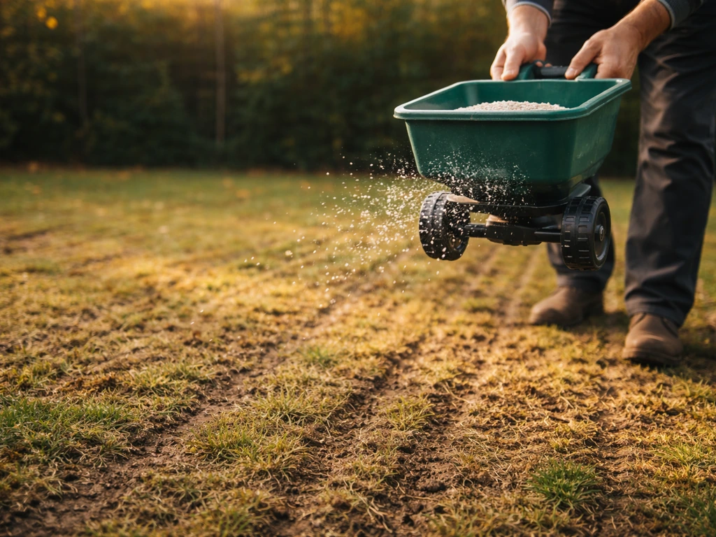 Herfstgazon met strooier die najaarsmest uitstrooit, net na verticuteren, rustige tuinsetting.