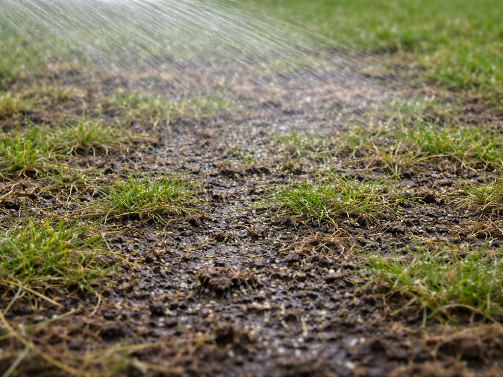 Beregend gazon na het verticuteren met zichtbare opgeschudde grond en een frisse, kiemvriendelijke textuur.
