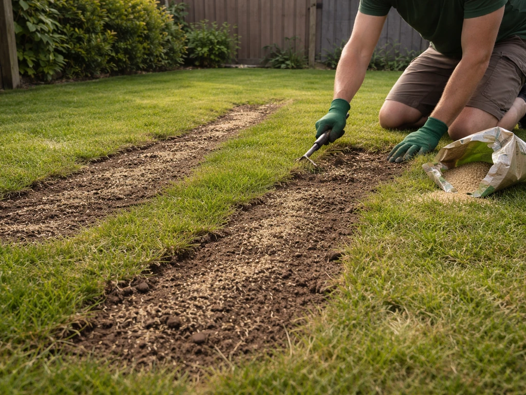 Anonieme tuinier zaait en werkt graszaad in op een Nederlands gazon met kale plekken zichtbaar.