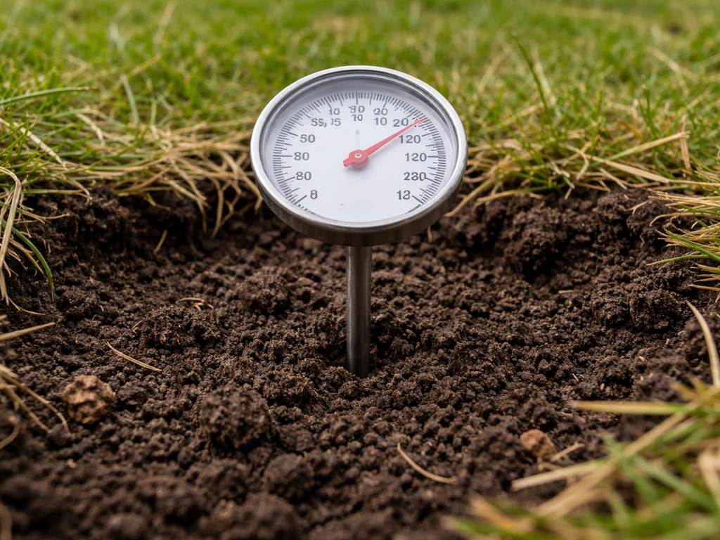 Close-up van gazonbodem met een bodemthermometer die in de aarde wordt gestoken om de temperatuur te meten.