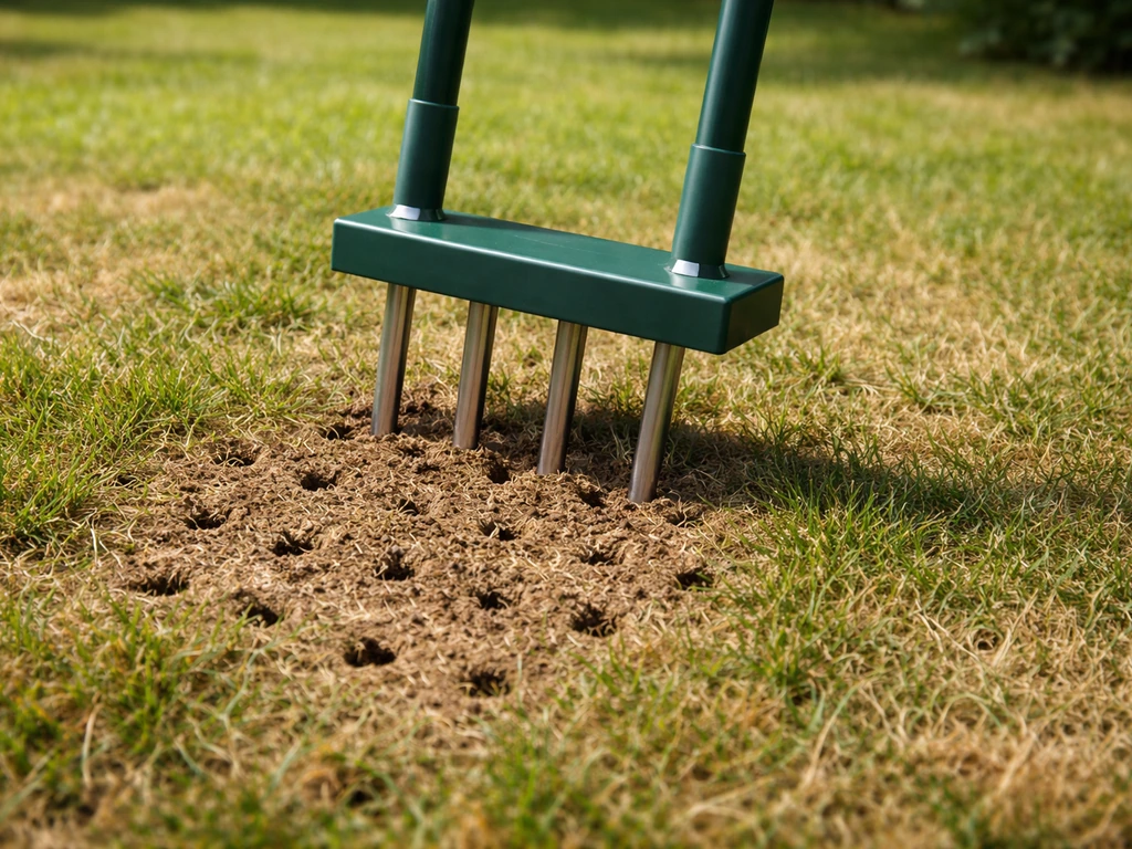 Beluchtingsmachine prikt in verdicht gazon en laat zichtbare gaatjes achter in het gras.