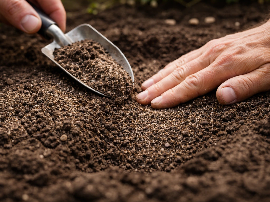 Tuinierhanden die een kuil opvullen met potgrond-zandmengsel en het licht aantrappen op aarde